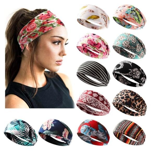 12 Pack Headbands for Women Boho Printed Non Slip Hair Band Sport Yoga Running - Picture 1 of 8
